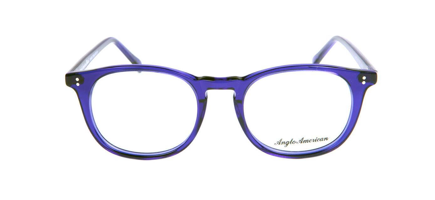 A pair of blue glasses with black rims.