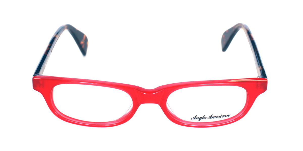 A pair of red glasses with black and white frames.