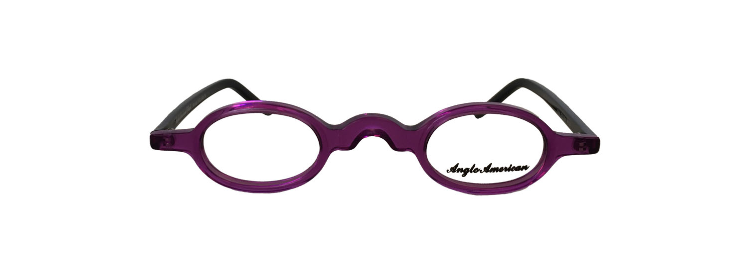 A purple pair of glasses with black rims.