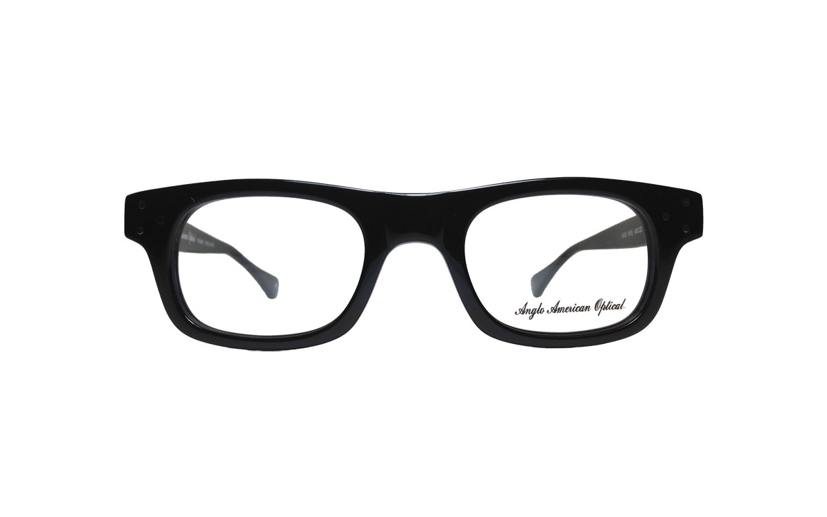 A pair of glasses is shown with the lens on.