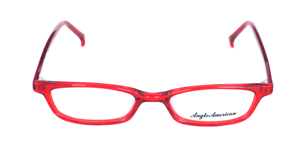 A pair of red glasses with writing on them.