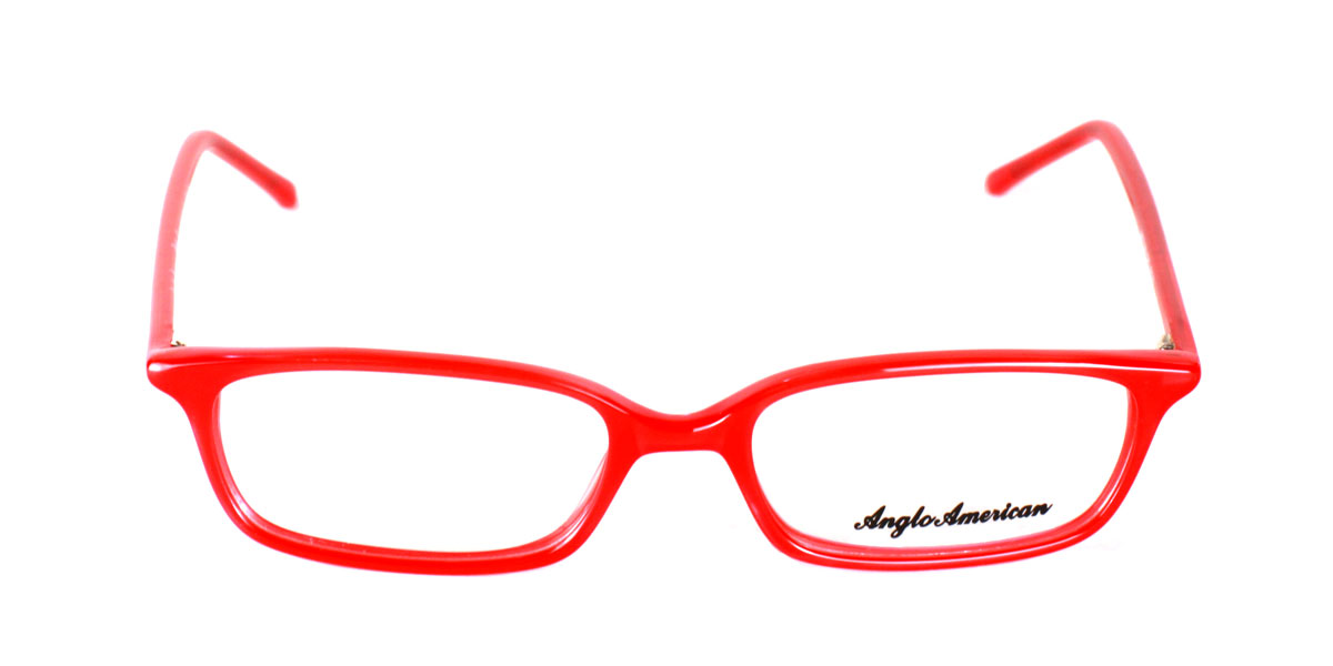 A pair of red glasses with black writing on them.