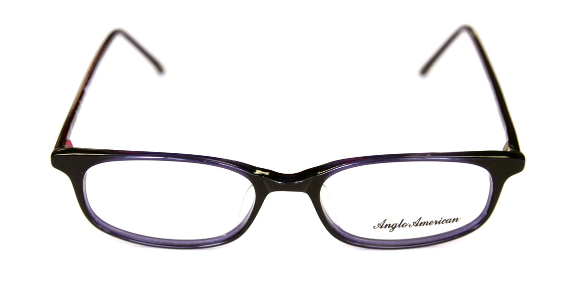 A pair of glasses with purple frames and black rims.