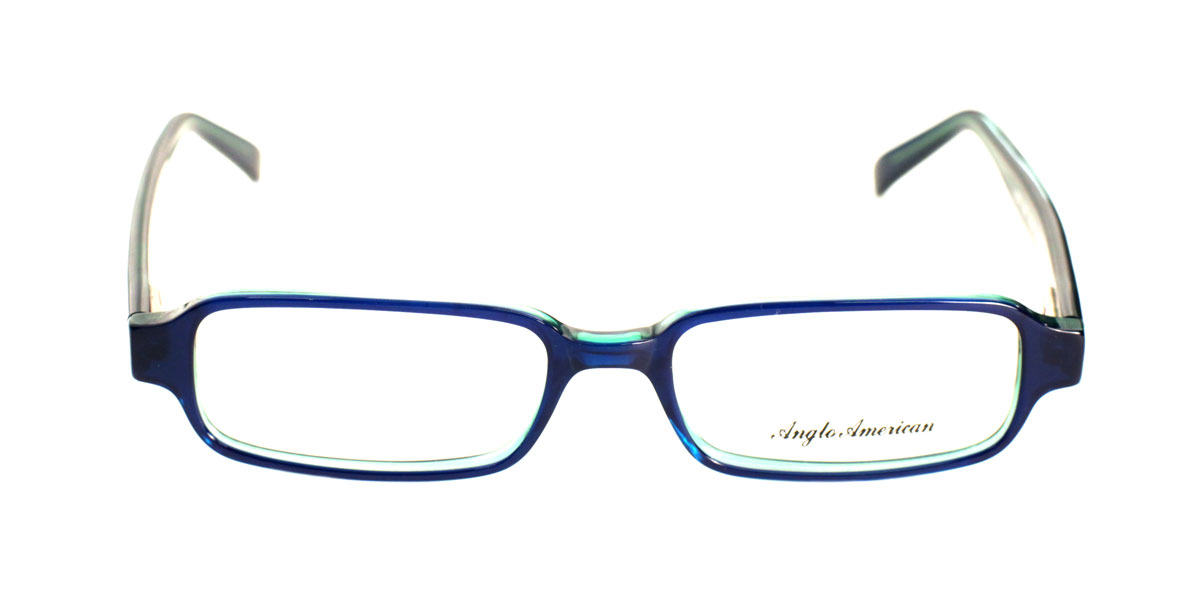 A pair of blue glasses with a white rim.