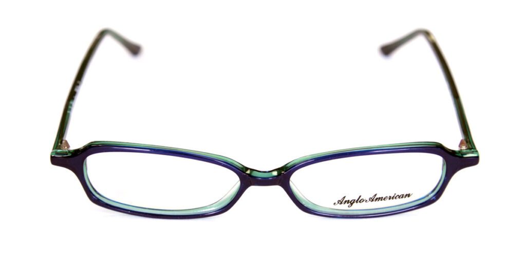 A pair of glasses with blue frames and black tips.