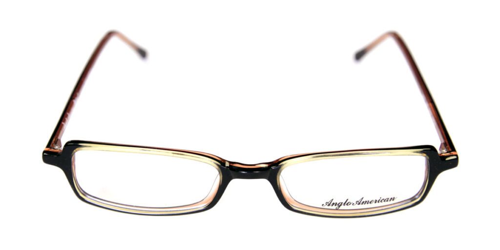 A pair of glasses with brown frames and black rims.