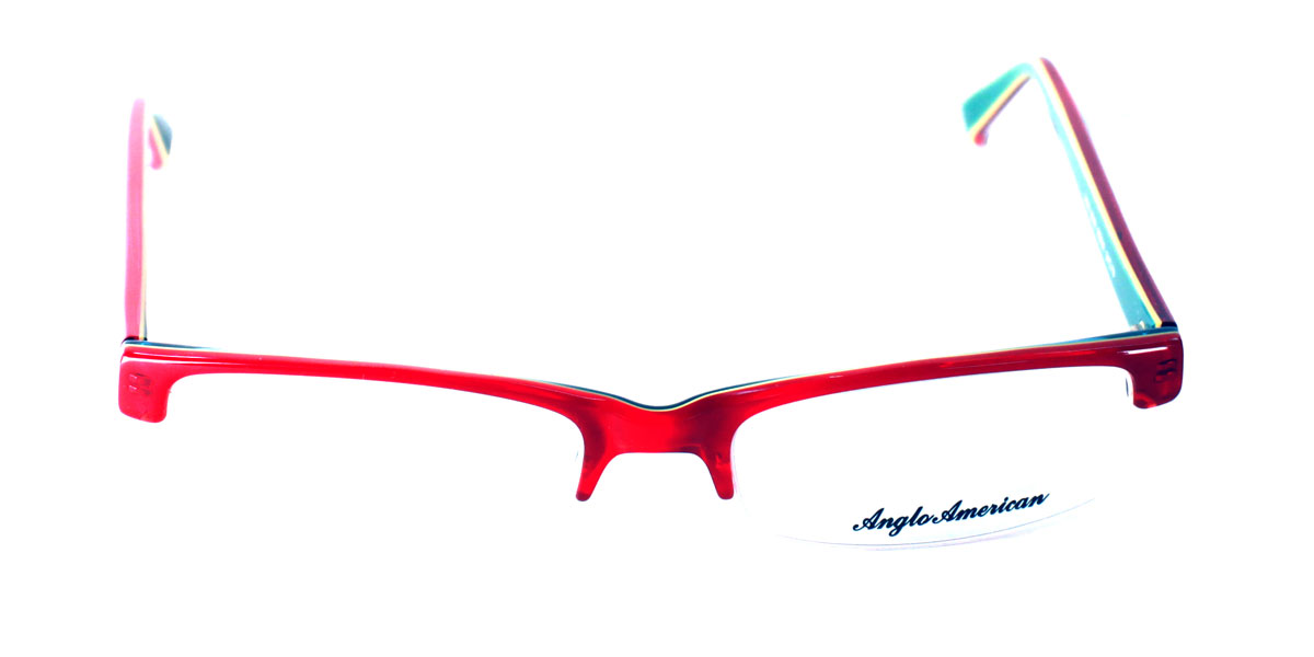 A pair of red glasses with a blue tag on the side.
