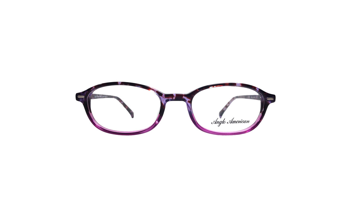 A pair of purple glasses with black frames.