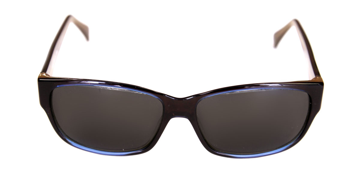 A pair of sunglasses with blue frames and black lenses.