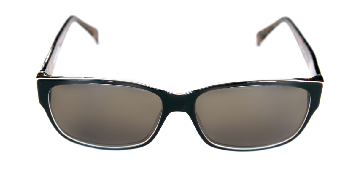 A pair of sunglasses with brown frames and black rims.