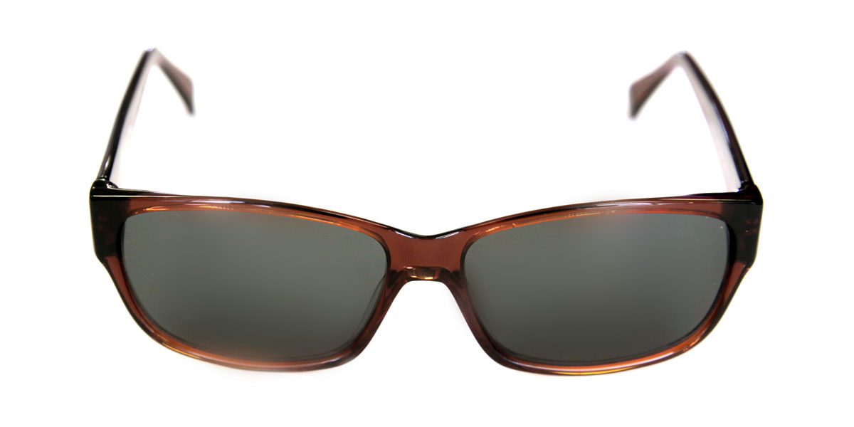 A pair of sunglasses with brown frames and green lenses.