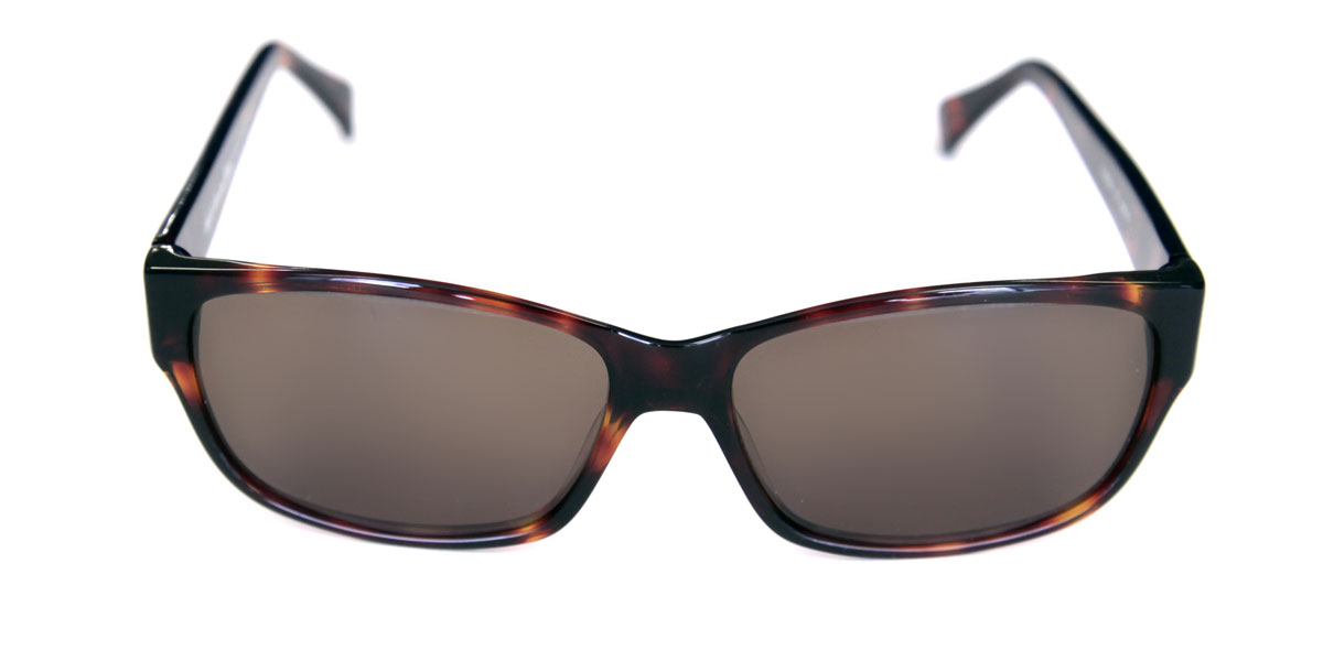 A pair of sunglasses with brown frames and black rims.