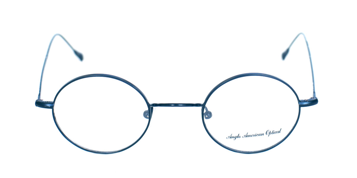 A pair of blue glasses with round frames.