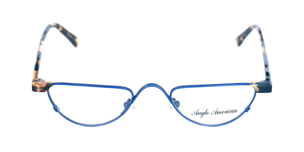 A pair of blue glasses with gold frames.