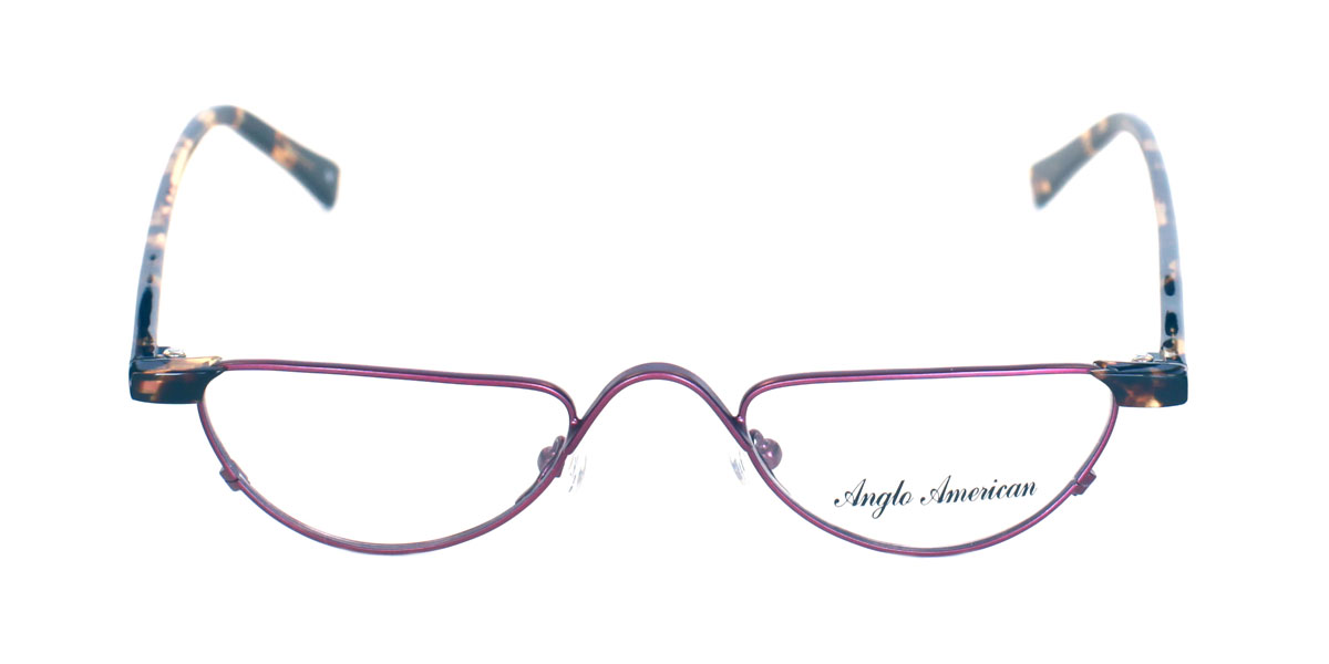 A pair of purple glasses with writing on them.