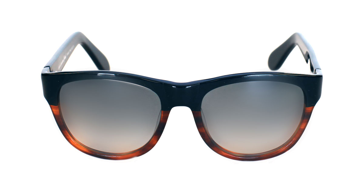 A pair of sunglasses with black and brown frames.