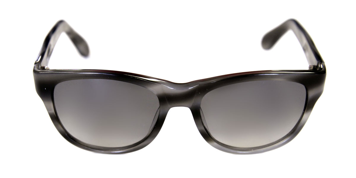 A pair of sunglasses with black frames and grey lenses.