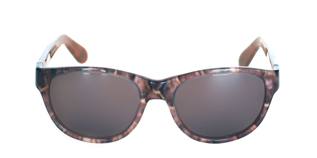 A pair of sunglasses with brown frames and black lenses.
