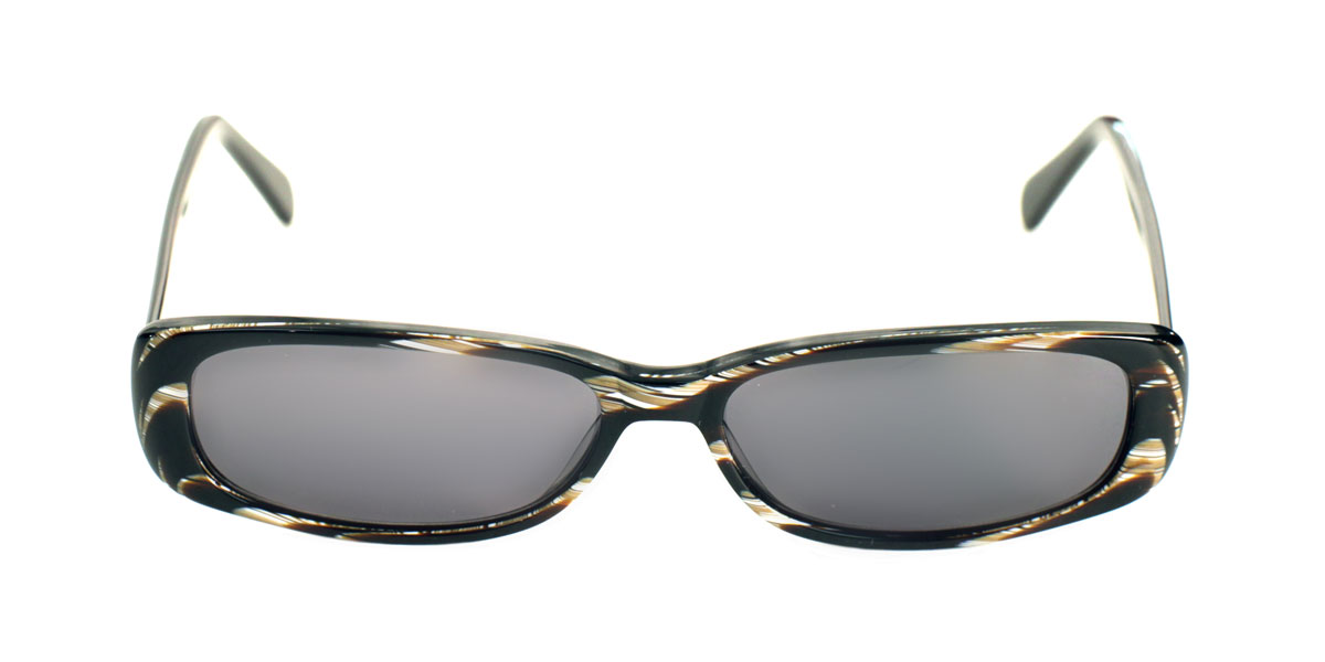 A pair of sunglasses with black frames and silver lenses.