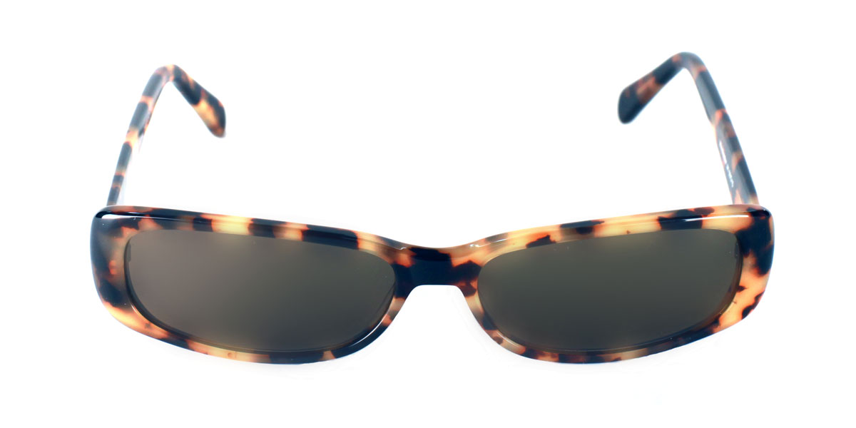 A pair of sunglasses with brown frames and black lenses.