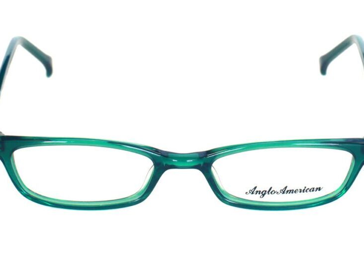 A pair of green glasses with writing on them.