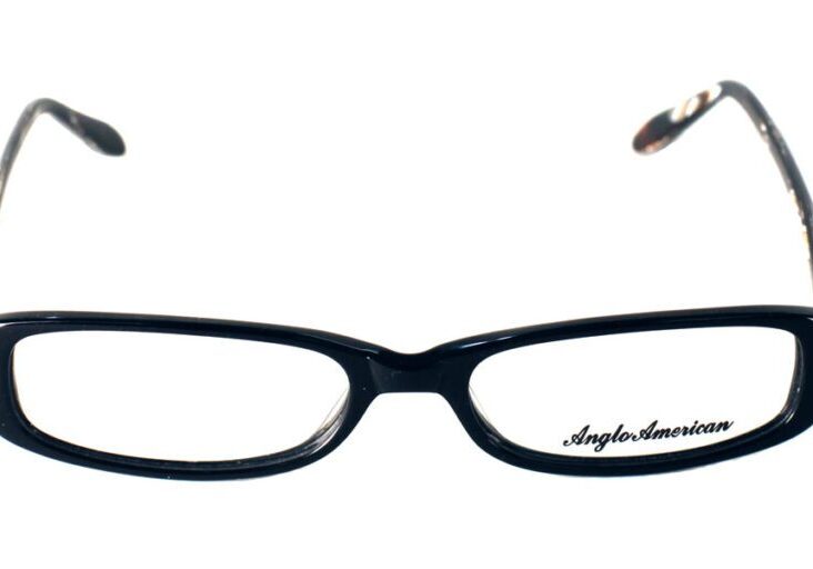 A pair of glasses with black frames and brown tips.